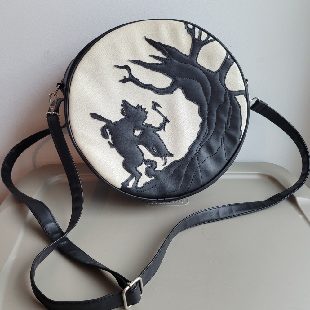 La Femme en Noir Sleepy Hollow Headless Horseman Round Crossbody Bag Black White